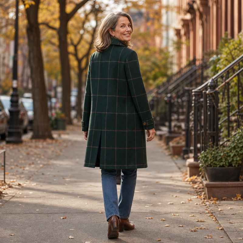 Plaid Wool-Look Overcoat for Women with Notch Lapels and Two-Button Front in Green Plaid, back view