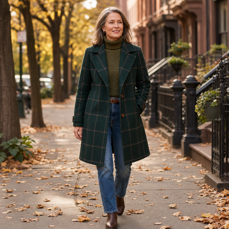 Plaid Wool-Look Overcoat for Women with Notch Lapels and Two-Button Front in Green Plaid, full-length view