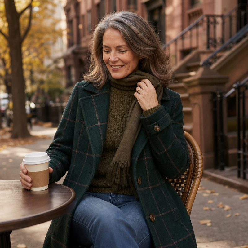 Plaid Wool-Look Overcoat for Women with Notch Lapels and Two-Button Front in Green Plaid, seated view