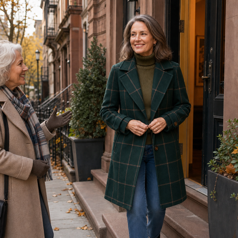 Plaid Wool-Look Overcoat for Women with Notch Lapels and Two-Button Front in Green Plaid, styled view