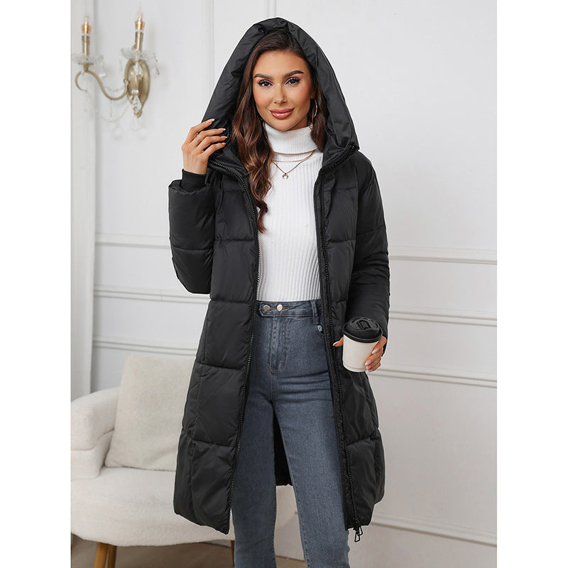 Long A-Line Puffer Coat for Women with Hood and Two-Way Zipper in Black, front view