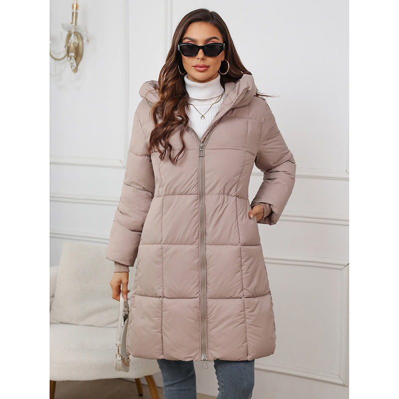 Long A-Line Puffer Coat for Women with Hood and Two-Way Zipper in Taupe, front view