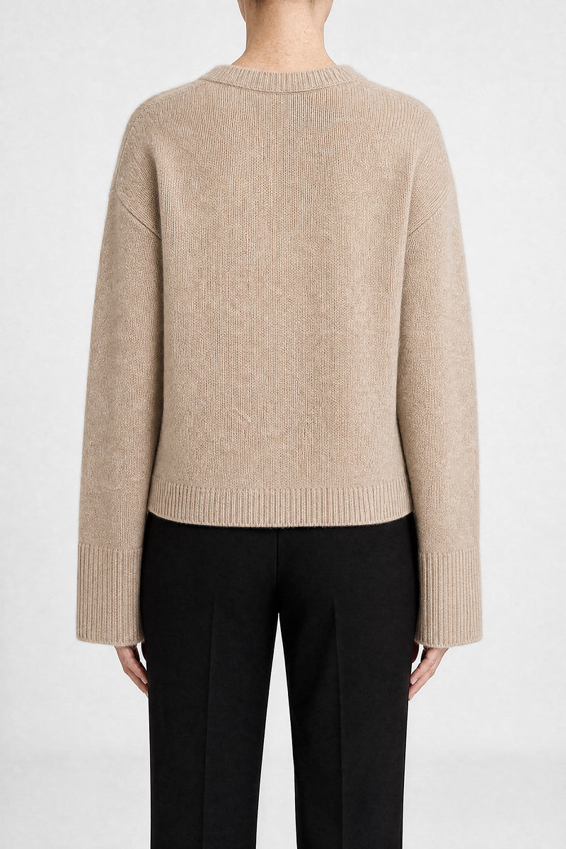 Sofaine Emery women's wool-feel knit cardigan in Apricot, back view studio shot