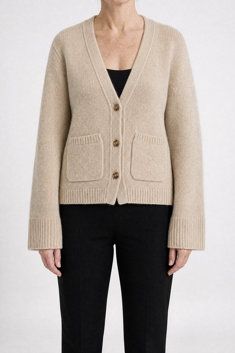 Sofaine Emery women's wool-feel knit cardigan in Apricot, front view studio shot