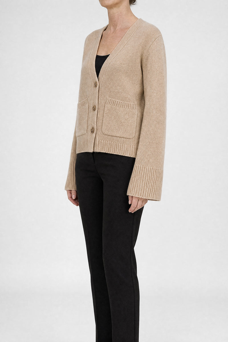 Sofaine Emery women's wool-feel knit cardigan in Apricot, side view studio shot