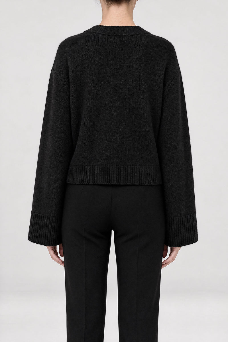 Sofaine Emery women's wool-feel knit cardigan in Black, back view studio shot