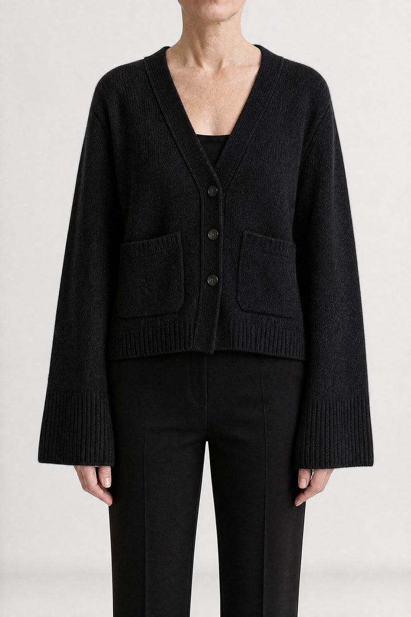 Sofaine Emery women's wool-feel knit cardigan in Black, front view studio shot