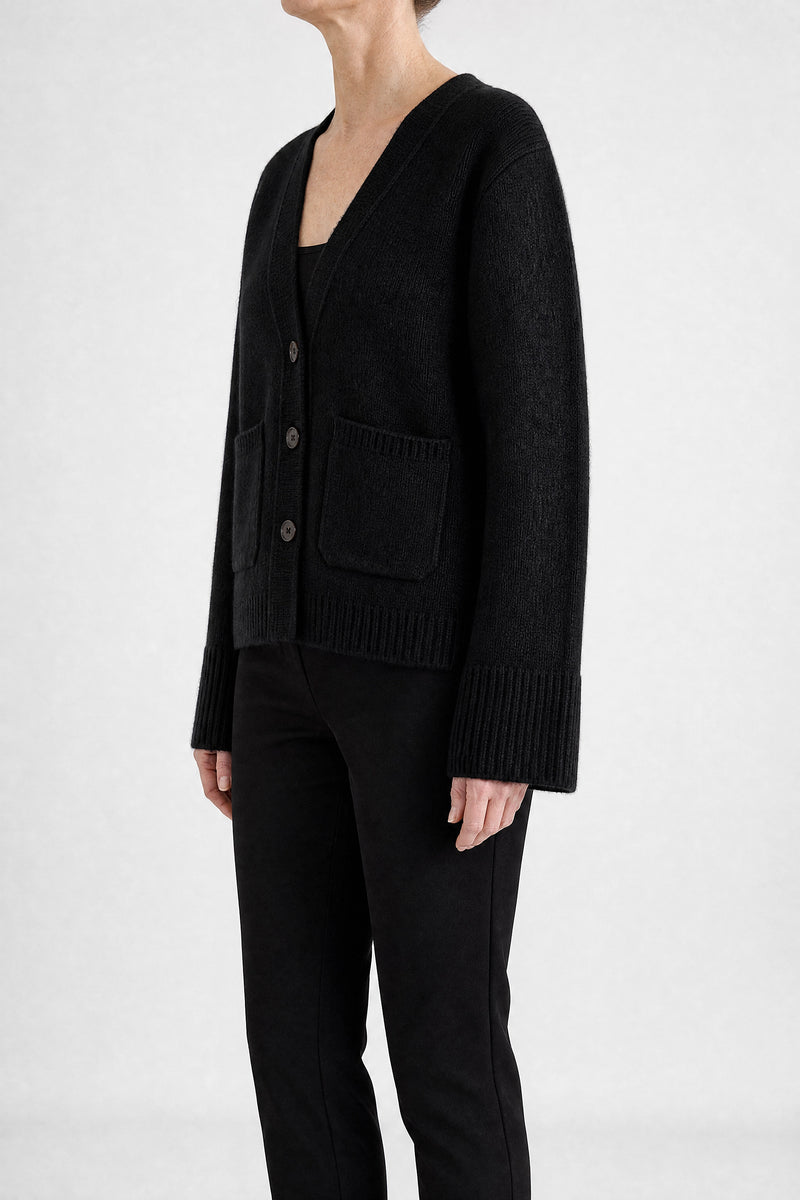 Sofaine Emery women's wool-feel knit cardigan in Black, side view studio shot