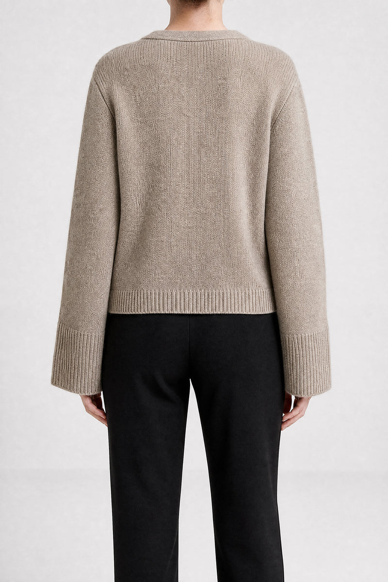 Sofaine Emery women's wool-feel knit cardigan in Camel, back view studio shot