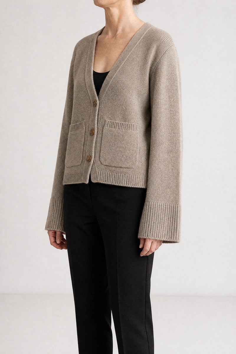 Sofaine Emery women's wool-feel knit cardigan in Camel, side view studio shot