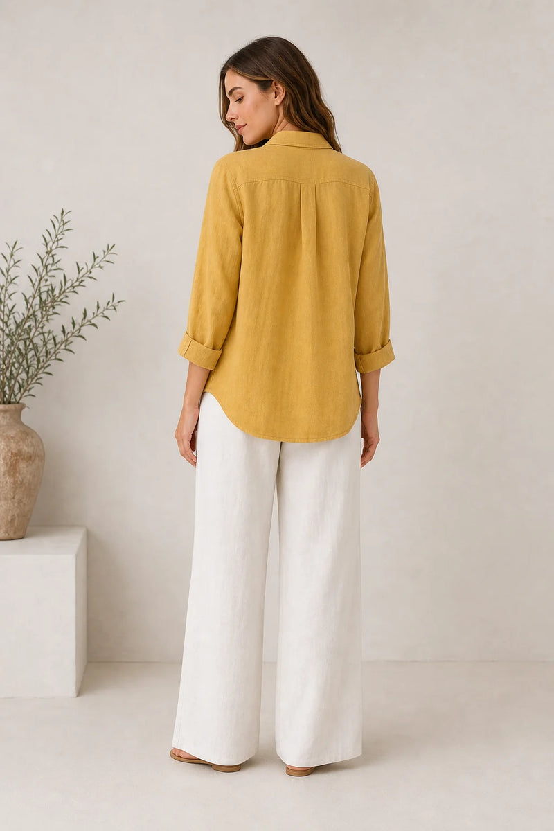 Sofaine Emilia lightweight cotton button-up top in Yellow, back view