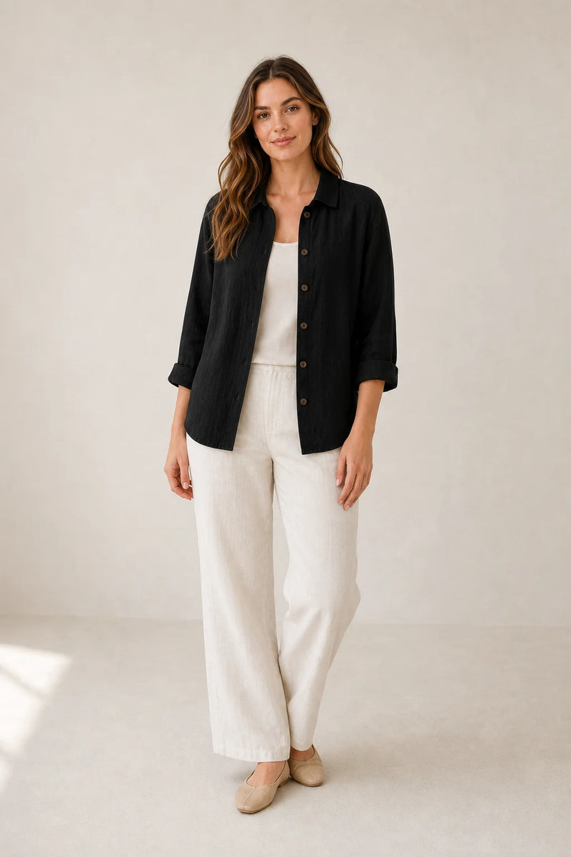 Sofaine Emilia lightweight cotton button-up top in Black, worn on model