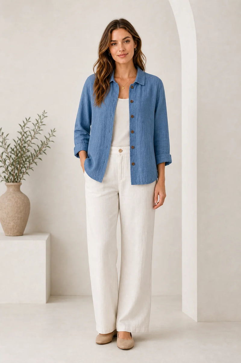 Sofaine Emilia lightweight cotton button-up top in Blue, worn on model