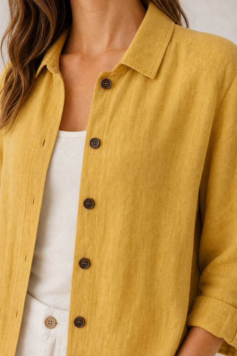 Sofaine Emilia lightweight cotton button-up top in Yellow, collar and button placket detail