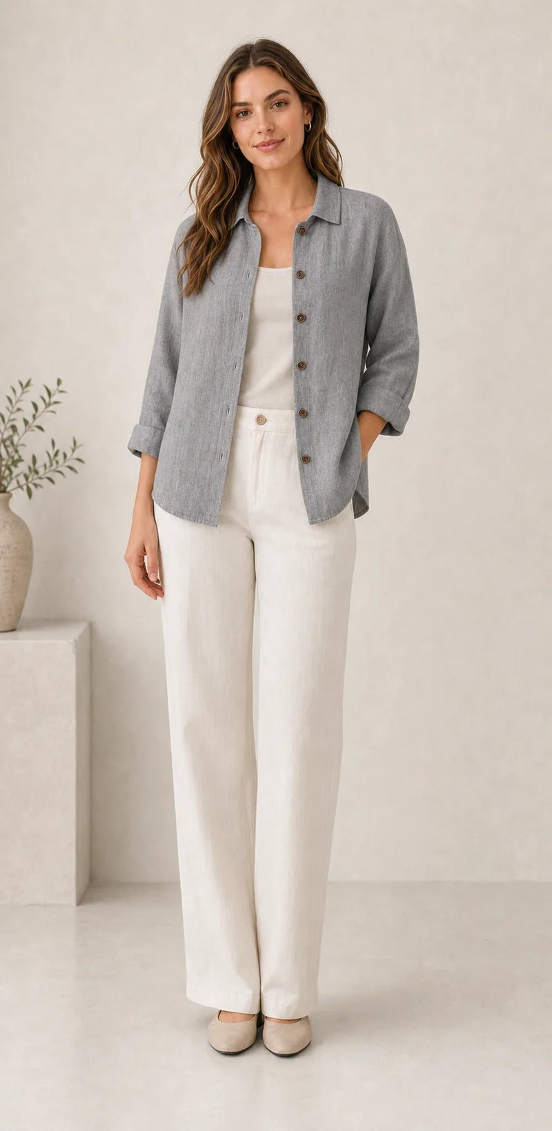 Sofaine Emilia lightweight cotton button-up top in Gray, worn on model