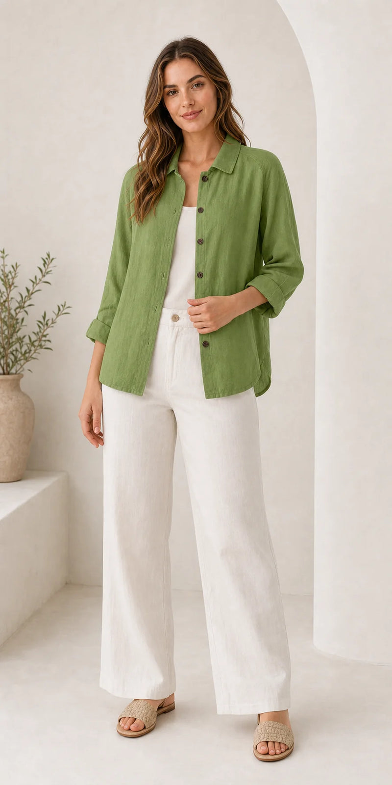 Sofaine Emilia lightweight cotton button-up top in Green, worn on model