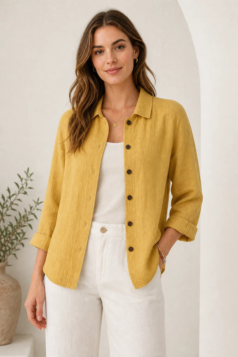 Sofaine Emilia lightweight cotton button-up top in Yellow, worn on model front hero