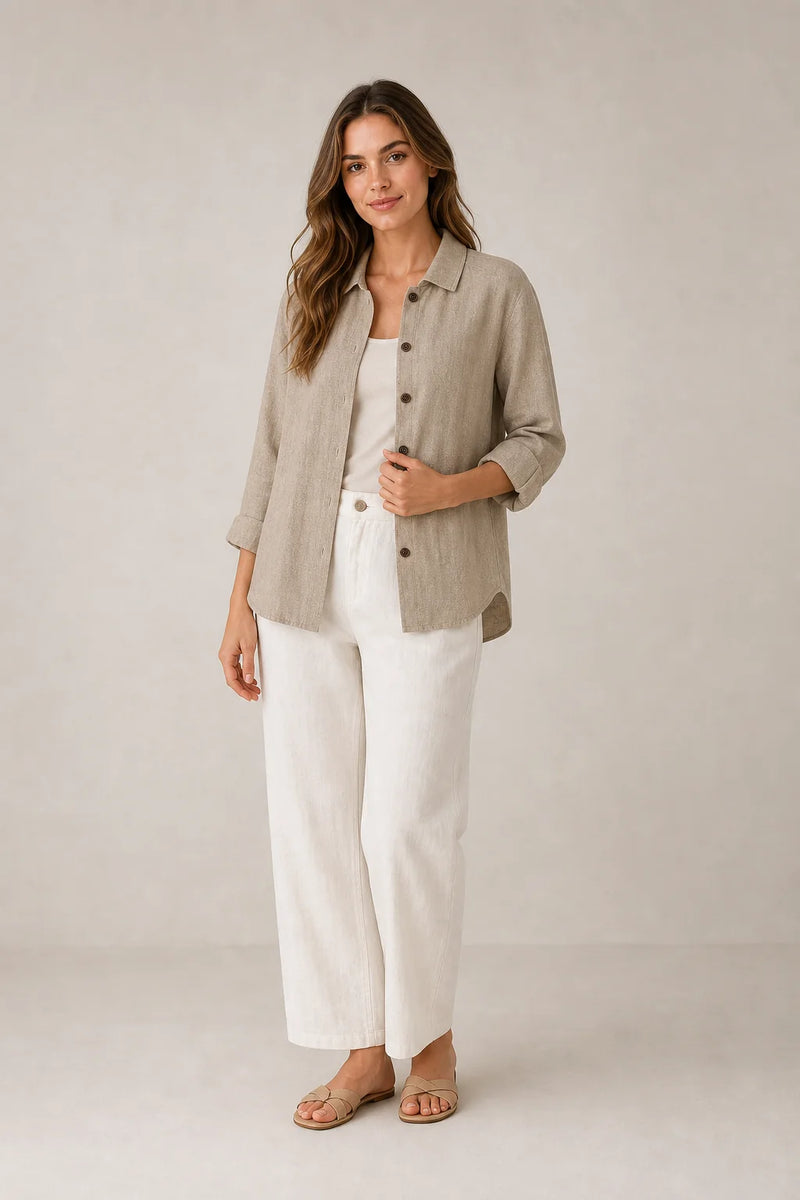 Sofaine Emilia lightweight cotton button-up top in Khaki, worn on model