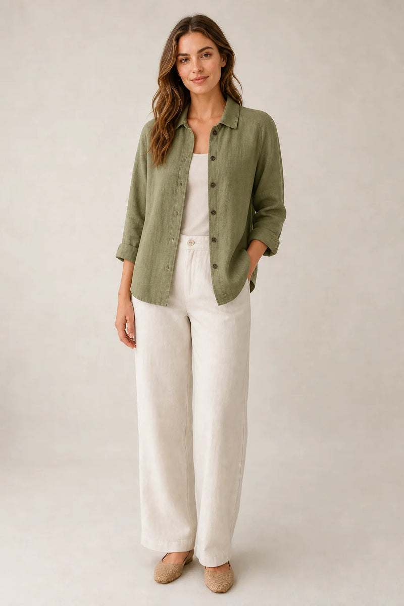 Sofaine Emilia lightweight cotton button-up top in Olive Green, worn on model