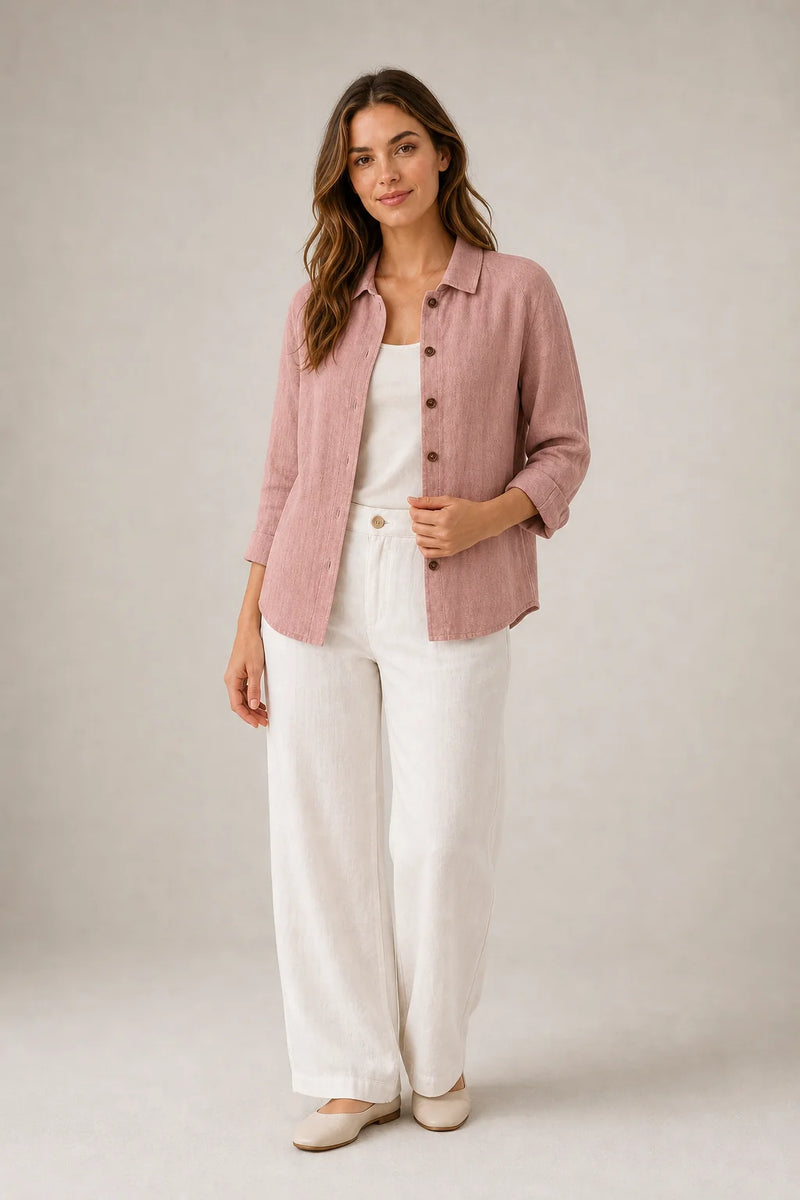 Sofaine Emilia lightweight cotton button-up top in Pink, worn on model