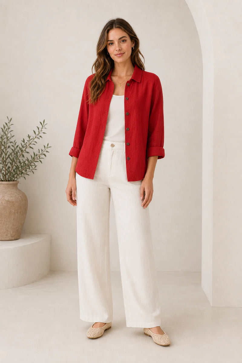 Sofaine Emilia lightweight cotton button-up top in Red, worn on model