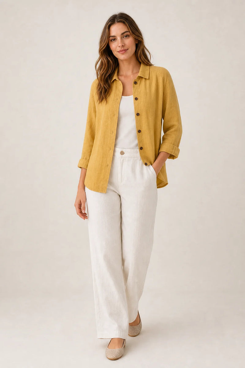 Sofaine Emilia lightweight cotton button-up top in Yellow, styled full look