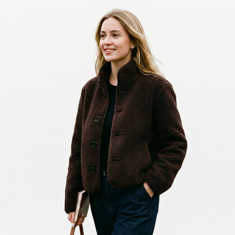 Teddy Fleece Jacket for Women with Funnel Neck and Zip Front in Dark Brown, studio front view