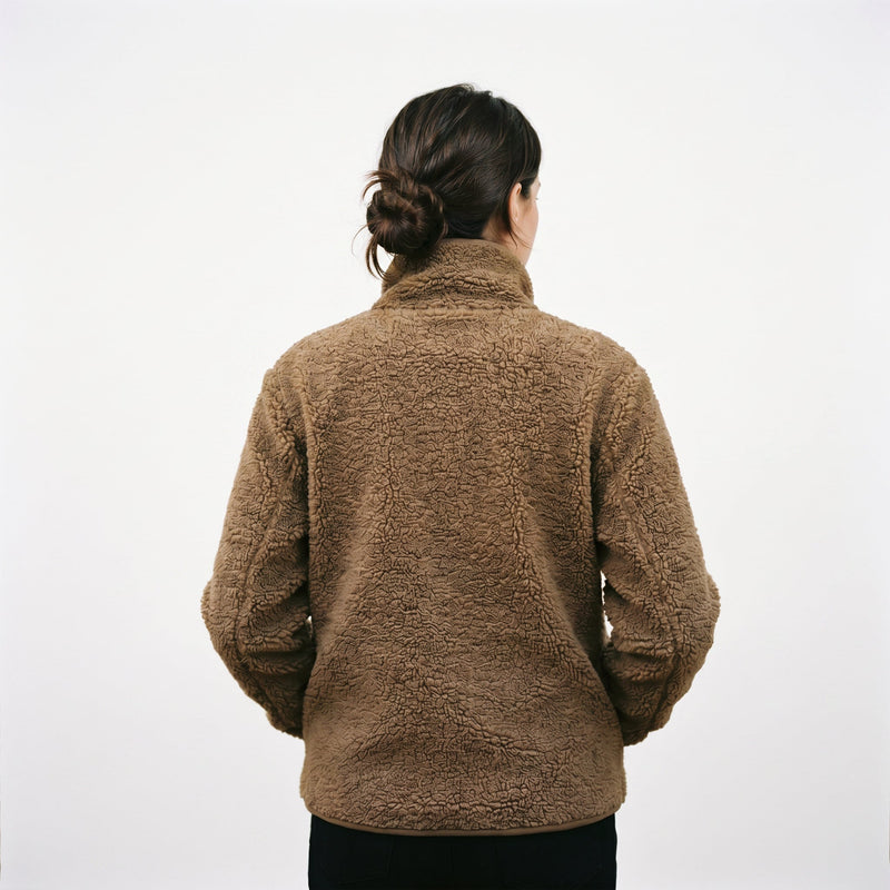 Teddy Fleece Jacket for Women with Funnel Neck and Zip Front, studio front view