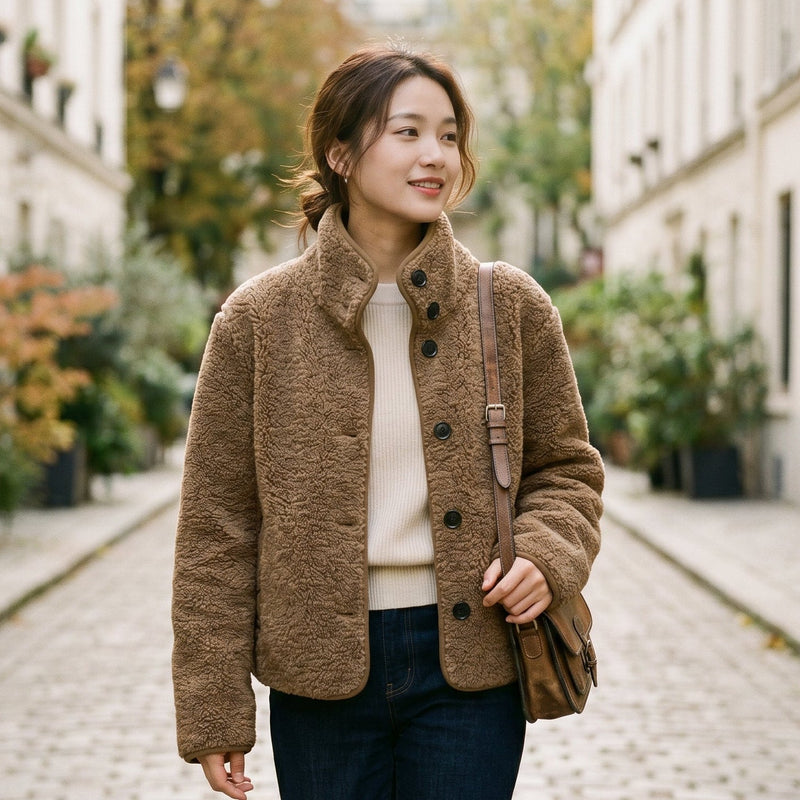 Teddy Fleece Jacket for Women with Funnel Neck and Zip Front, studio side view
