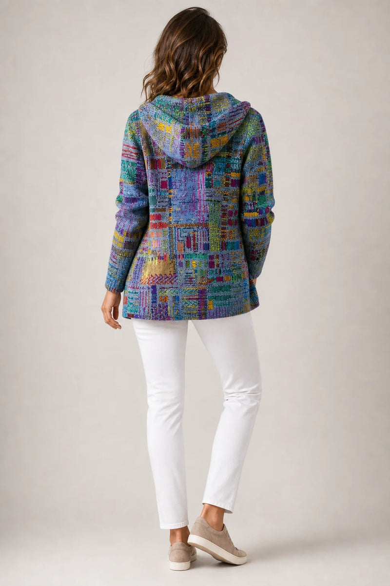 Sofaine Emily hooded knit button cardigan in Purple multicolor print, worn back