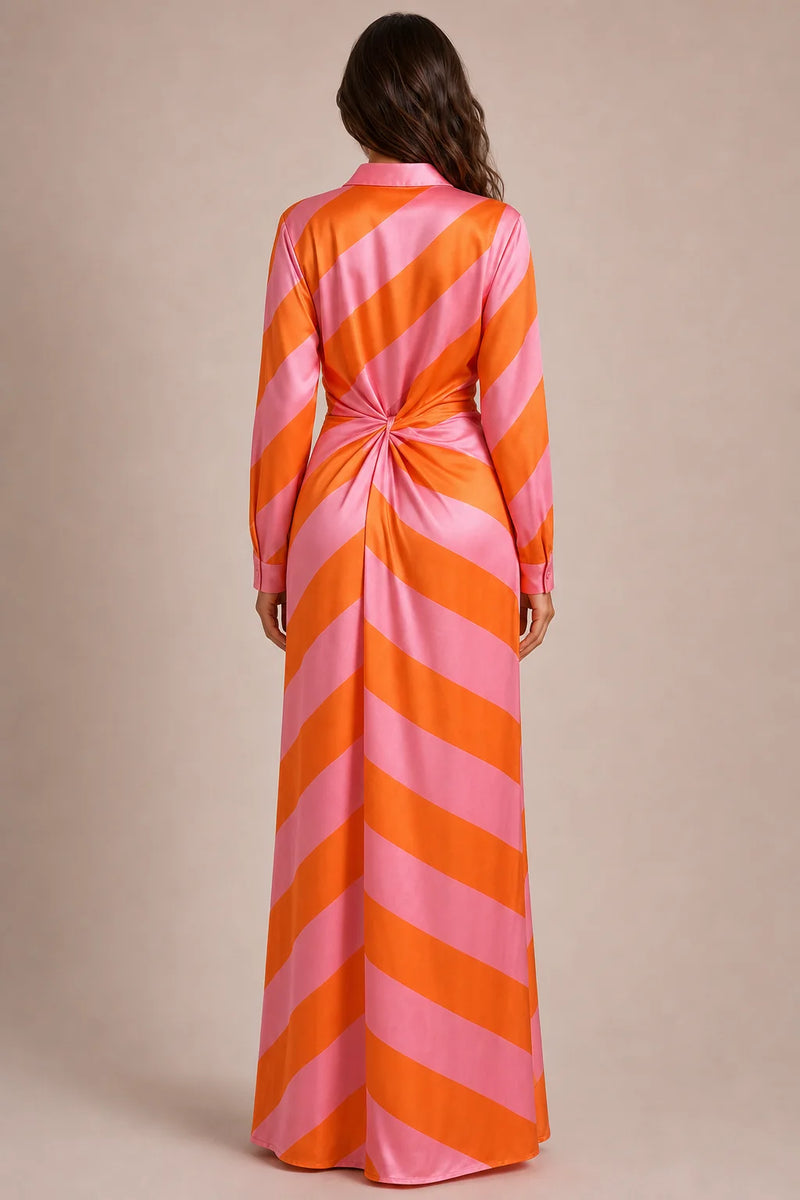 Sofaine Eloise women's shirt wrap maxi dress in Orange pink stripe, back view