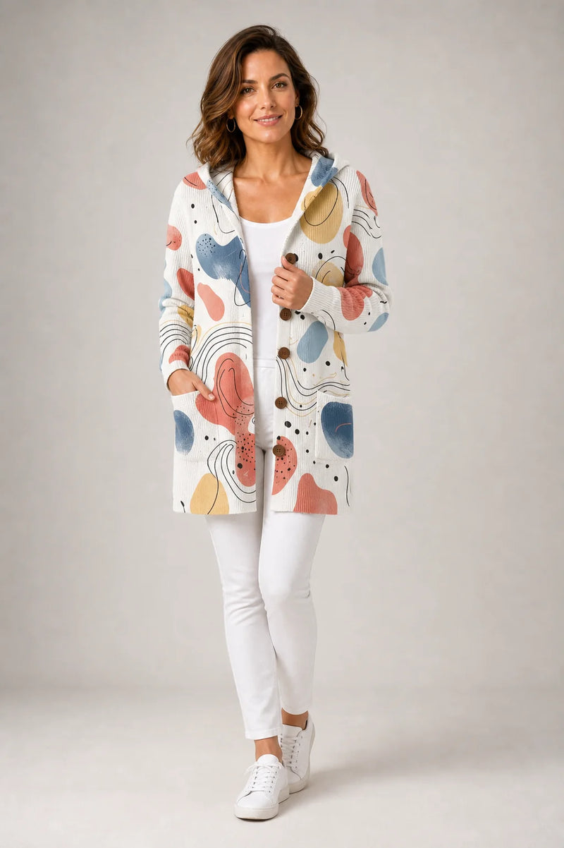 Sofaine Emily hooded knit button cardigan in Beige abstract print, worn front