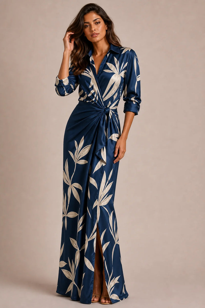 Sofaine Eloise women's shirt wrap maxi dress in Blue navy botanical, worn