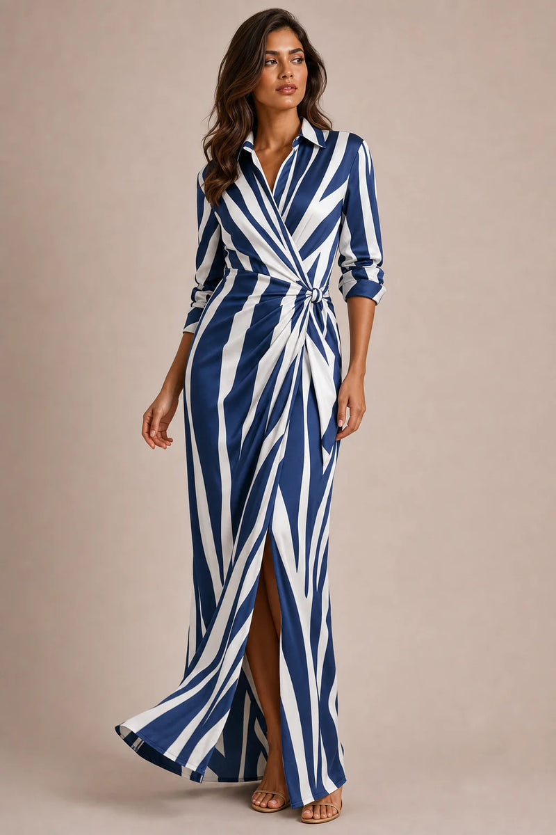 Sofaine Eloise women's shirt wrap maxi dress in Blue white stripe, worn