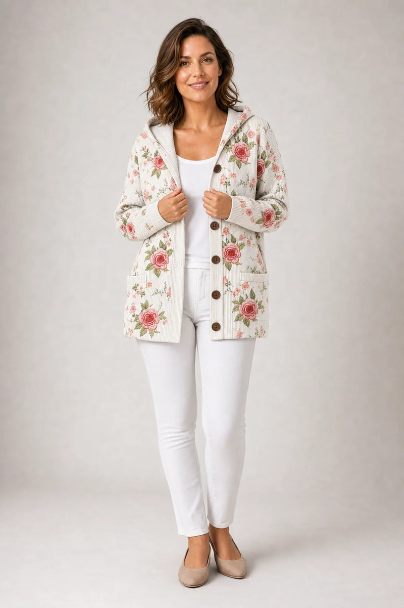 Sofaine Emily hooded knit button cardigan in Blushing Pink rose print, worn front