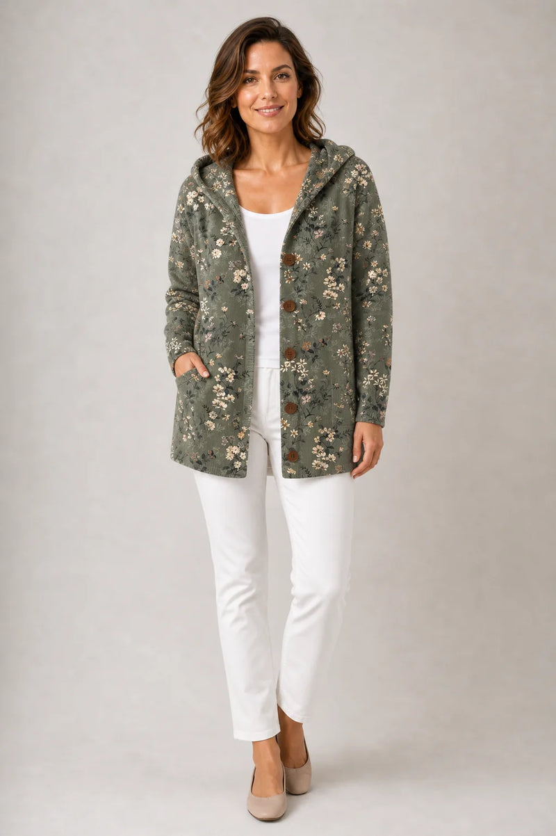 Sofaine Emily hooded knit button cardigan in Dark Green floral print, worn front