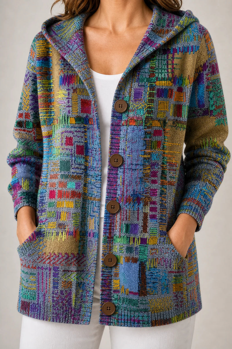 Sofaine Emily hooded knit button cardigan in Purple multicolor print, button and knit detail