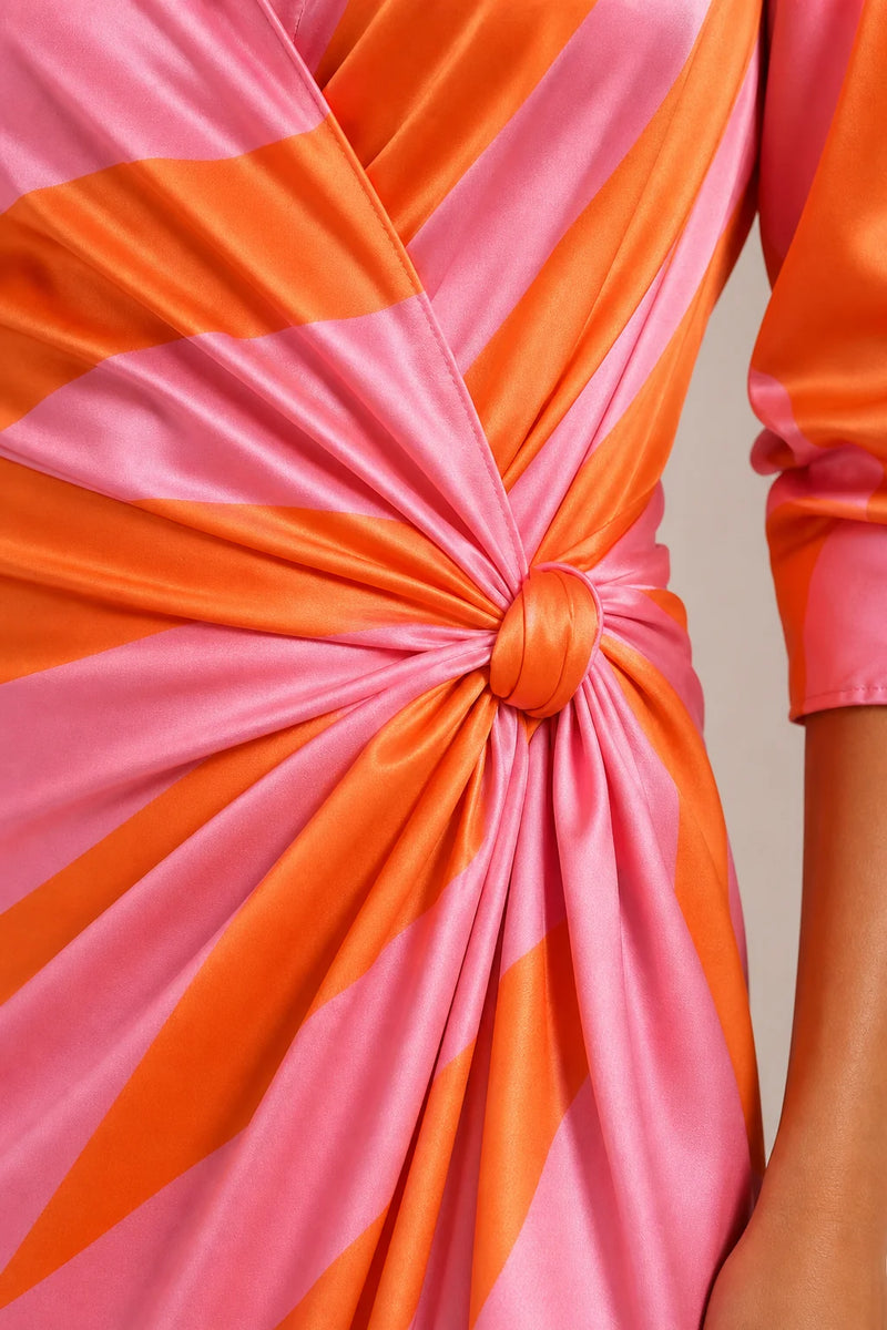 Sofaine Eloise women's shirt wrap maxi dress in Orange pink stripe, twist-knot waist detail