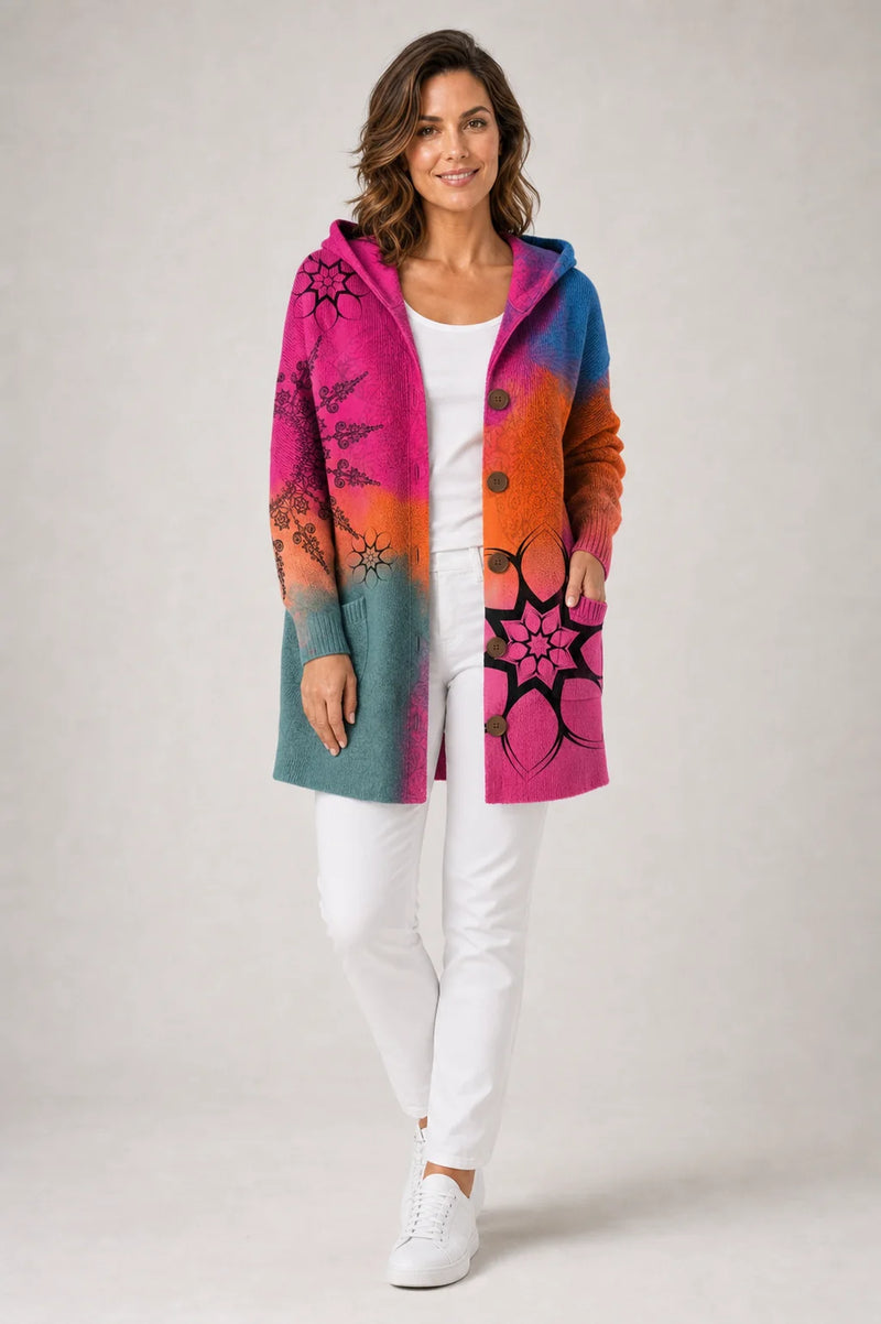 Sofaine Emily hooded knit button cardigan in Fuchsia ombre print, worn front
