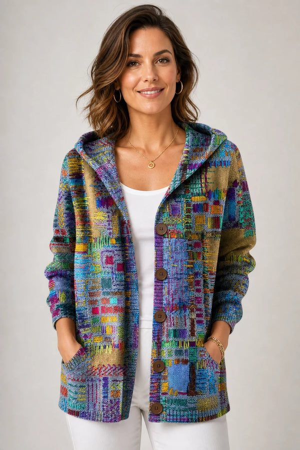 Sofaine Emily hooded knit button cardigan in Purple multicolor print, worn front hero