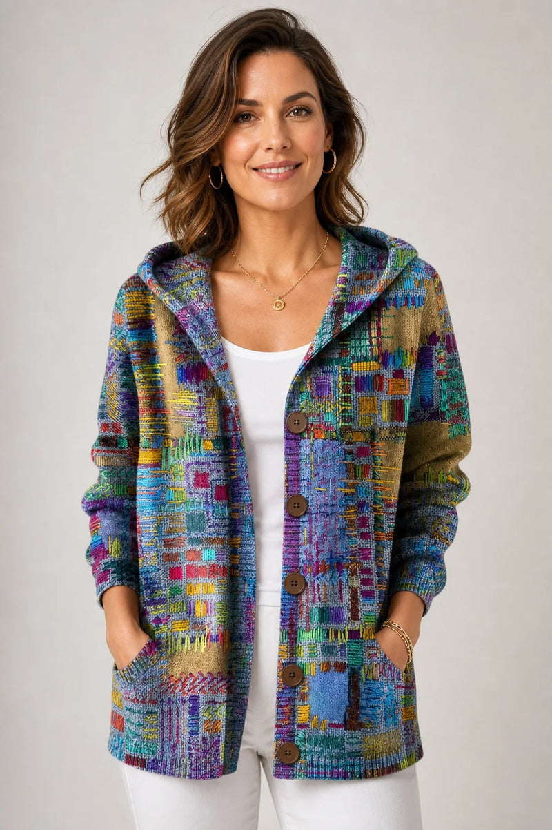 Sofaine Emily hooded knit button cardigan in Purple multicolor print, worn front hero