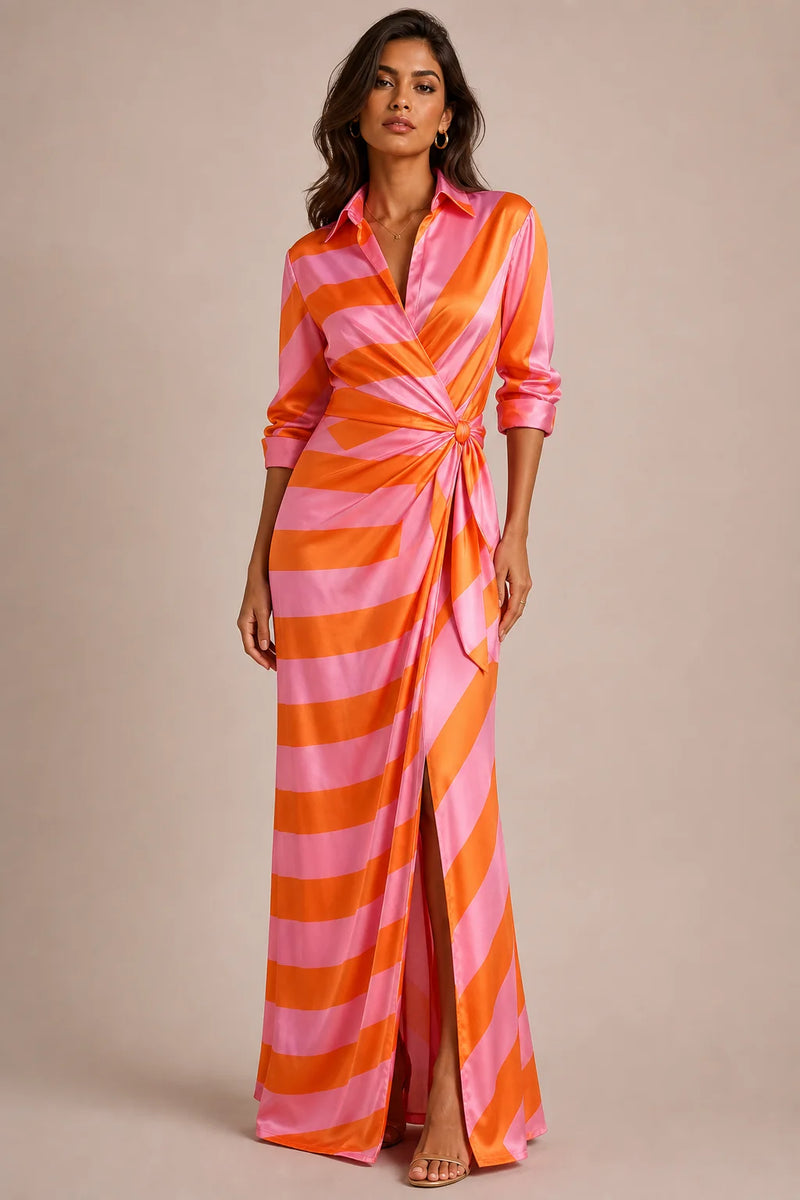 Sofaine Eloise women's shirt wrap maxi dress in Orange pink stripe, hero