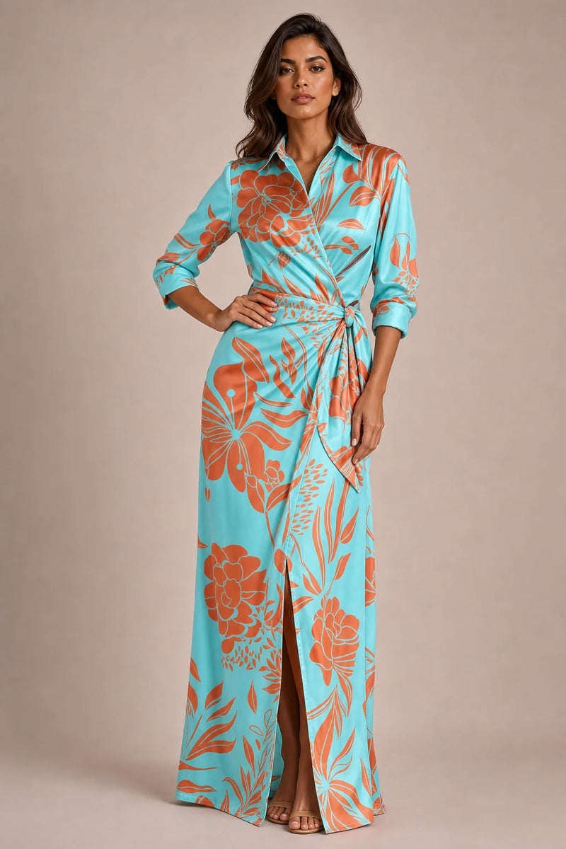 Sofaine Eloise women's shirt wrap maxi dress in Light Blue aqua floral, worn