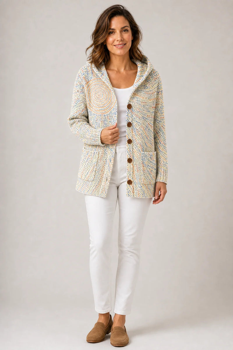 Sofaine Emily hooded knit button cardigan in Light Yellow dotted print, worn front