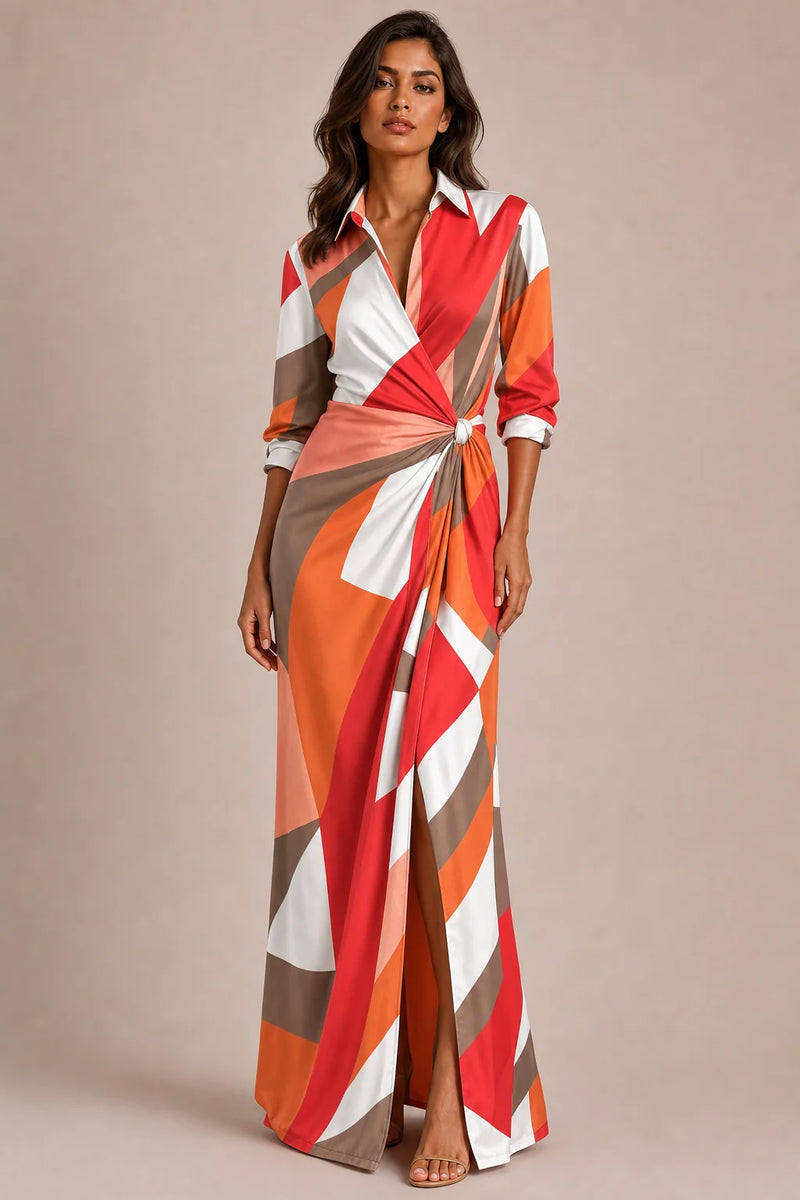 Sofaine Eloise women's shirt wrap maxi dress in Multicolored geometric, worn