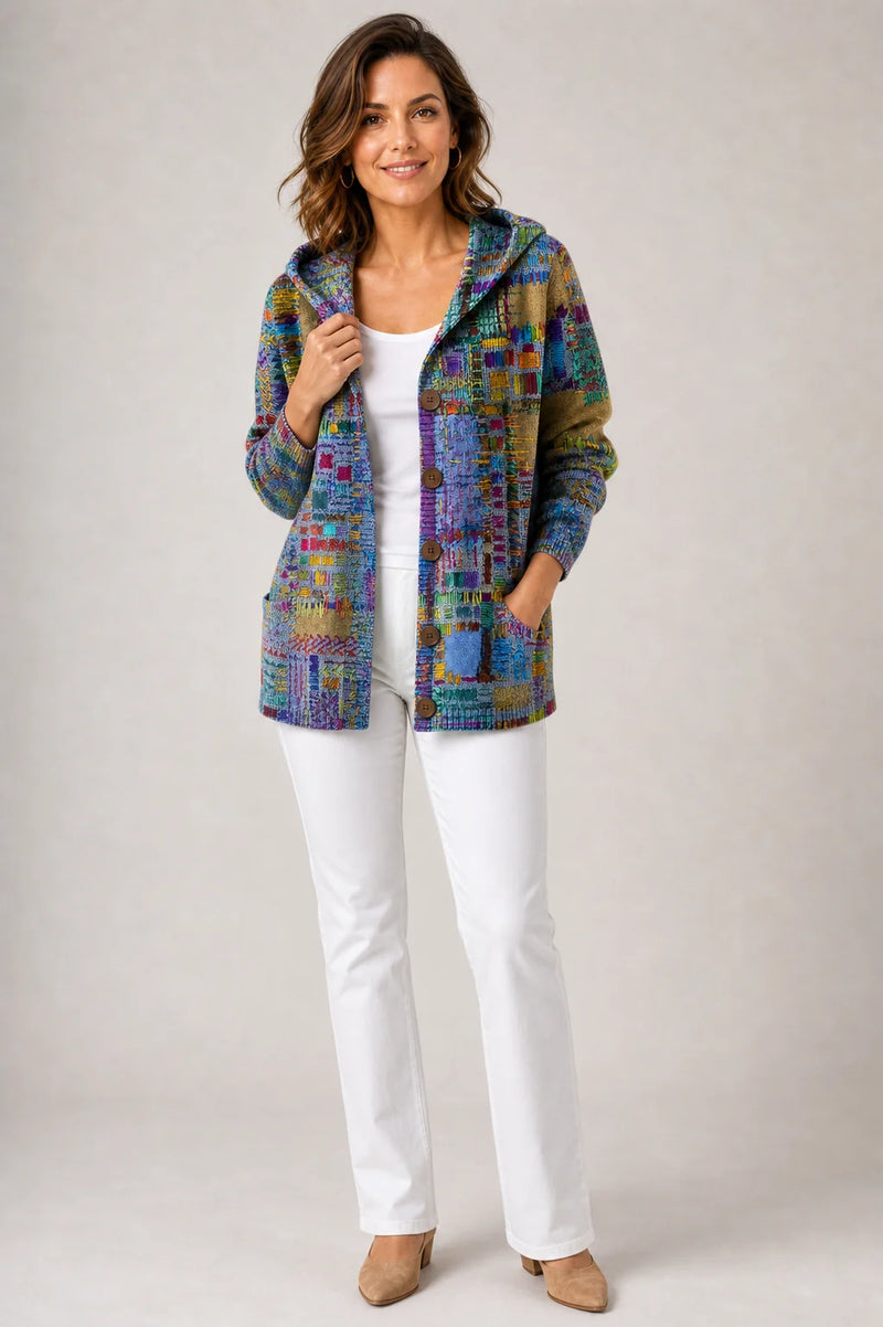 Sofaine Emily hooded knit button cardigan in Purple multicolor print, styled full look