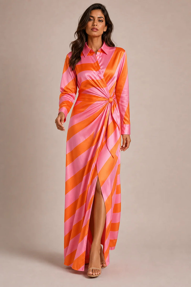 Sofaine Eloise women's shirt wrap maxi dress in Orange pink stripe, styled full look