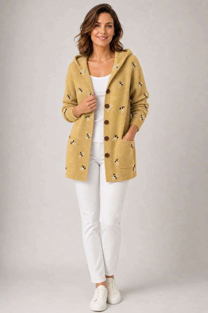 Sofaine Emily hooded knit button cardigan in Yellow bee print, worn front