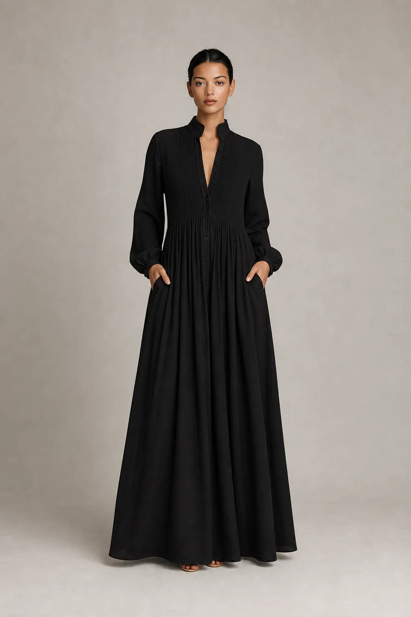Sofaine Esme women's cotton-linen maxi dress in Black, worn on model