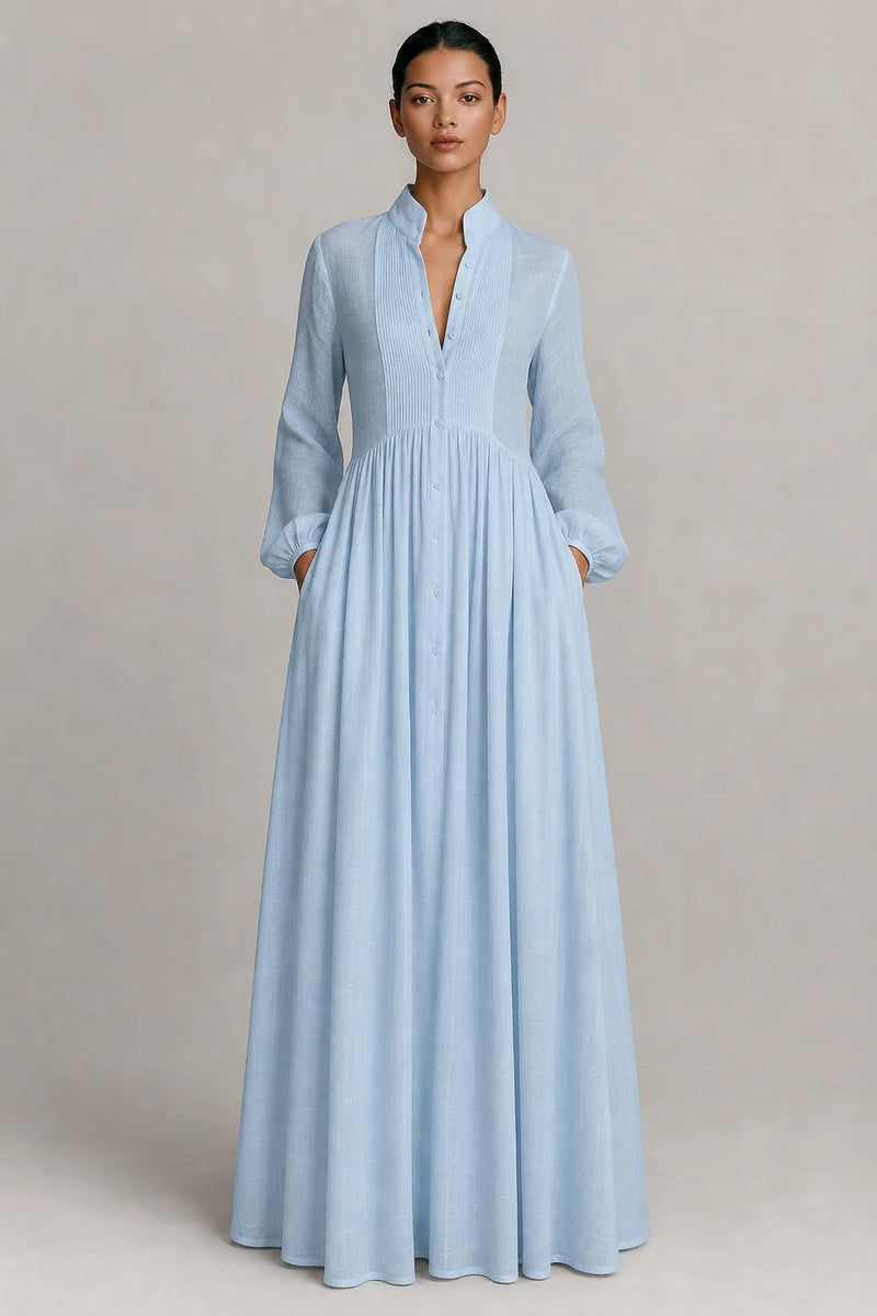 Sofaine Esme women's cotton-linen maxi dress in Blue, worn on model